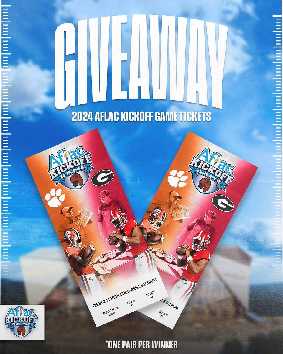 Aflac Kickoff Game (@aflackickoff) on Twitter photo ๐
CLEMSON VS. GEORGIA TICKET GIVEAWAY ๐ถ
A pair of tickets to the highly anticipated Aflac Kickoff Game featuring Clemson vs. Georgia in Atlanta on Aug. 31 are up for grabs! ๐
How to enter ๐
1๏ธโฃ Follow <a href="/AflacKickoff/">Aflac Kickoff Game</a>, <a href="/CFBAlerts_/">College Football Alerts ๎จ</a>, <a href="/allcfbIG/">All College Football</a>, and <a href="/officialECFIG/">Elite College Football</a>
2๏ธโฃ Repost
3๏ธโฃ ๐
CLEMSON VS. GEORGIA TICKET GIVEAWAY ๐ถ
A pair of tickets to the highly anticipated Aflac Kickoff Game featuring Clemson vs. Georgia in Atlanta on Aug. 31 are up for grabs! ๐
How to enter ๐
1๏ธโฃ Follow <a href="/AflacKickoff/">Aflac Kickoff Game</a>, <a href="/CFBAlerts_/">College Football Alerts ๎จ</a>, <a href="/allcfbIG/">All College Football</a>, and <a href="/officialECFIG/">Elite College Football</a>
2๏ธโฃ Repost
3๏ธโฃ