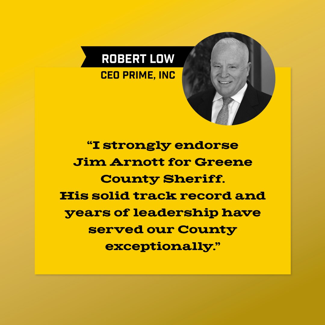 Robert Low, CEO of Prime Inc., endorses Jim Arnott for Sheriff. Robert recognizes my track record &amp; many years of leadership as significant benefits to the office of Sheriff. Thank you Robert! #VoteArnott on Aug 6🗳️ 

Paid for by Citizens for Jim Arnott, Jack L Merritt Treasurer.