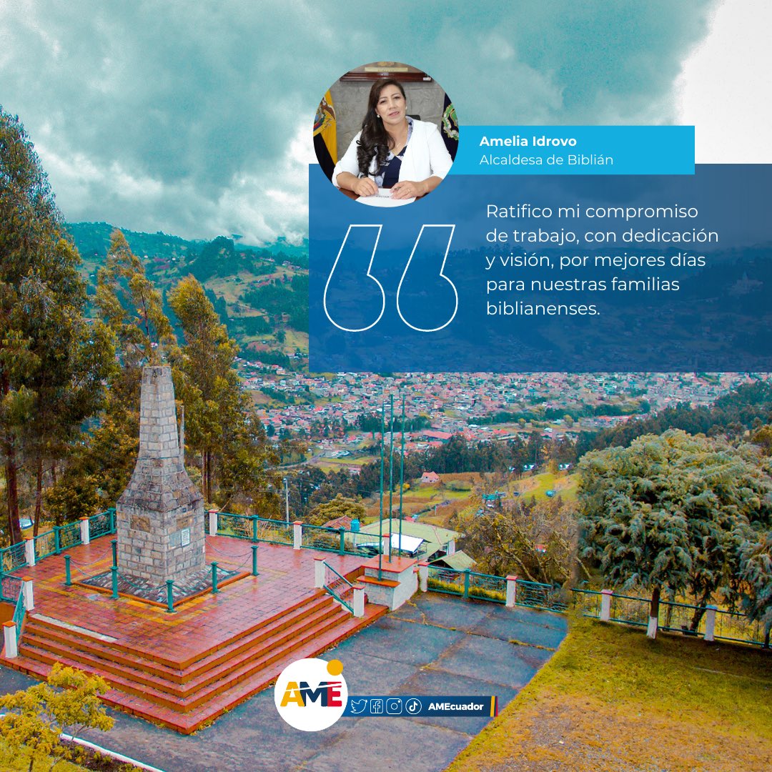AMEcuador's tweet photo. #AMESaluda | ¡#Biblián festeja su aniversario 80 de cantonización y lo queremos celebrar junto a ellos!
Se encuentra en la provincia del #Cañar, con terrenos fértiles y hermosos paisajes⛰️
Felicitamos a la alcaldesa @ameliaidrovo y a su gente trabajadora.
¡Qué viva #Biblián! https://t.co/OpNpBWYJeg