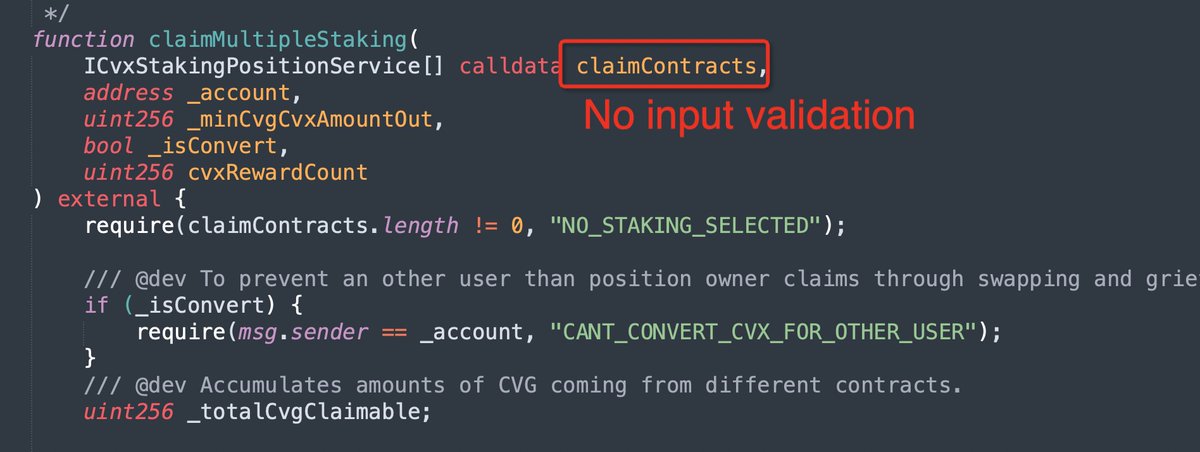 PeckShield Inc. (@peckshield) on Twitter photo It seems <a href="/Convergence_fi/">Convergence</a> was just exploited (w/ ~$210k loss) to mint 58m $CVG (58,718,395.05681812), which are swapped to 60 WETH and 15.9k crvFRAX.
The bug is part of the CvxRewardDistributor contract, which does not validate the (untrusted) user input to claim rewards.
Here It seems <a href="/Convergence_fi/">Convergence</a> was just exploited (w/ ~$210k loss) to mint 58m $CVG (58,718,395.05681812), which are swapped to 60 WETH and 15.9k crvFRAX.
The bug is part of the CvxRewardDistributor contract, which does not validate the (untrusted) user input to claim rewards.
Here