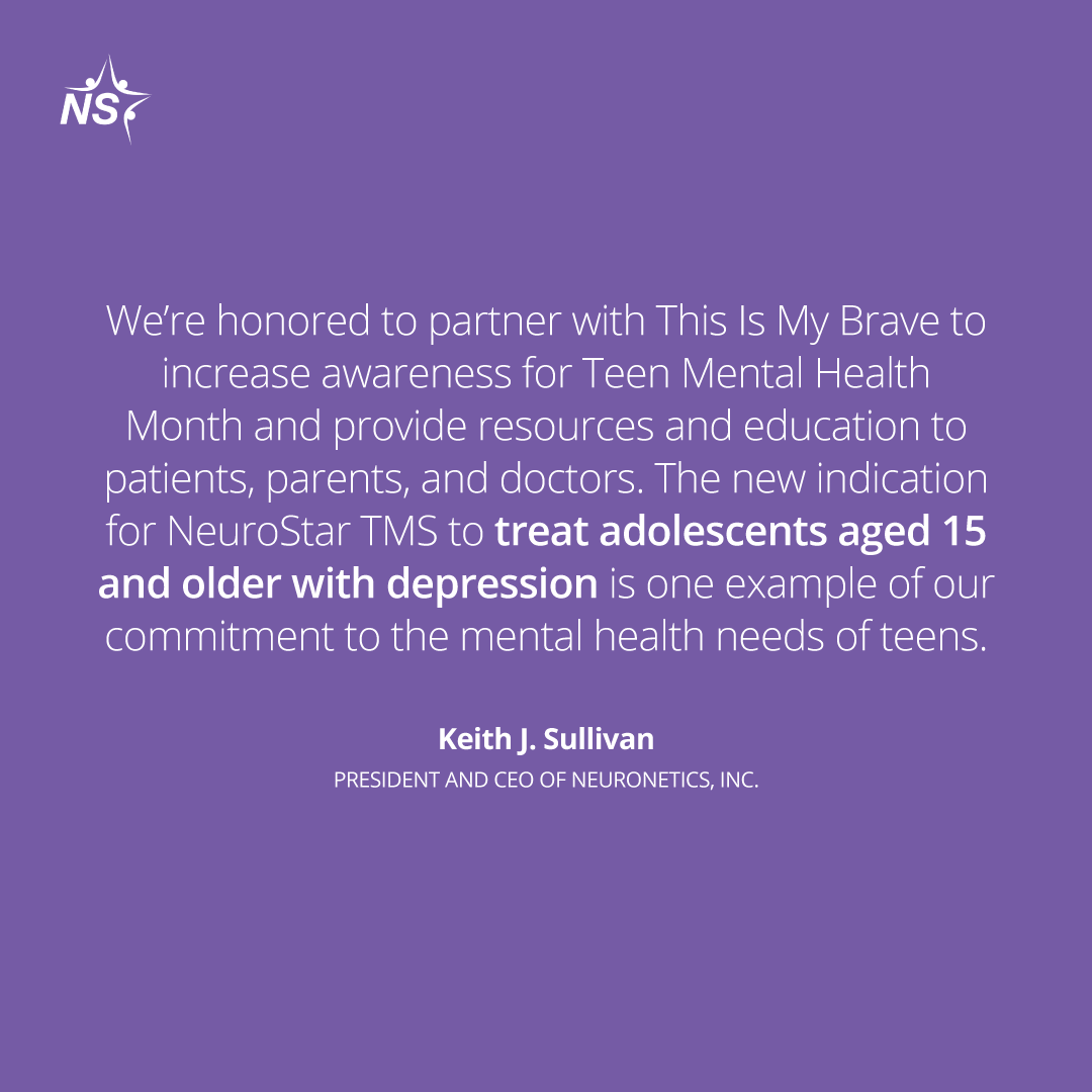 TMSTherapy's tweet photo. NeuroStar and @ThisIsMyBrave are excited to announce their partnership to highlight Teen Mental Health Month.
Learn more about our partnership here: https://t.co/U1TYTGcOqt
#TeenMentalHealthMonth #NeuroStar #ThisIsMyBrave #TMHM2024 https://t.co/gPHwfJb0dG