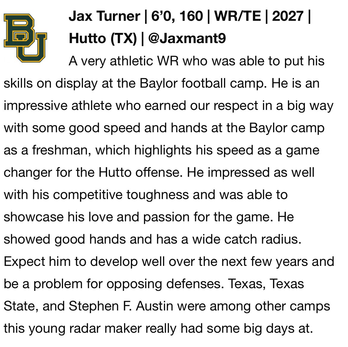 Jax Turner (@jaxmant9) on Twitter photo Thank you <a href="/sixstarfootball/">Six Star Football | PLUS+</a> for the write up! Super grateful to see that all the work I’ve been putting in this offseason is paying off! Excited for the season!!
<a href="/HuttoHS_Fball/">Hutto Football</a> <a href="/CoachWCompton/">CoachComp</a> <a href="/CoachMLeonard/">Matt Leonard</a> @CoachAlbertHHS <a href="/BaseballHutto/">Coach Stringer</a> Thank you <a href="/sixstarfootball/">Six Star Football | PLUS+</a> for the write up! Super grateful to see that all the work I’ve been putting in this offseason is paying off! Excited for the season!!
<a href="/HuttoHS_Fball/">Hutto Football</a> <a href="/CoachWCompton/">CoachComp</a> <a href="/CoachMLeonard/">Matt Leonard</a> @CoachAlbertHHS <a href="/BaseballHutto/">Coach Stringer</a>