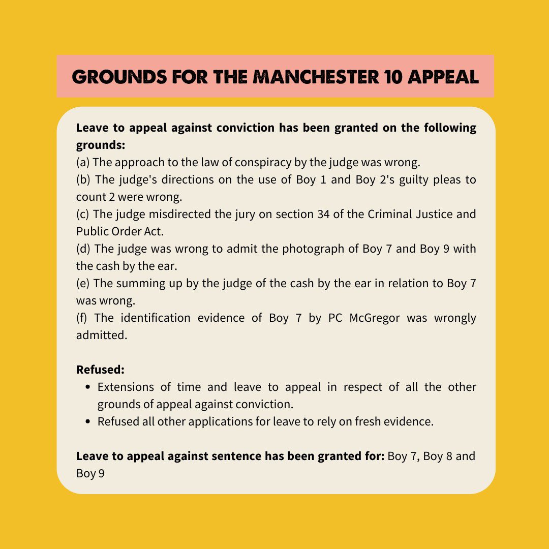 📣 MORE MANCHESTER 10 APPEAL NEWS 📣

Yesterday we told you that the 7 boys who went to the Royal Courts of Justice in July had permission to appeal GRANTED 🔥.

Want to know on which grounds? Well here we go ⤵️ 

Point (a) is a truly excellent ground to have granted!