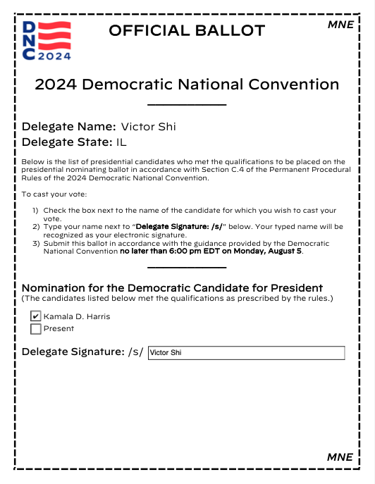 Victorshi2020's tweet image. Very thrilled &amp;amp; proud to have just cast my ballot for Vice President Kamala Harris as a delegate from Illinois. Honored to vote &amp;amp; work for someone whose deep experience &amp;amp; rich diversity make her one of the most qualified candidates ever to run.