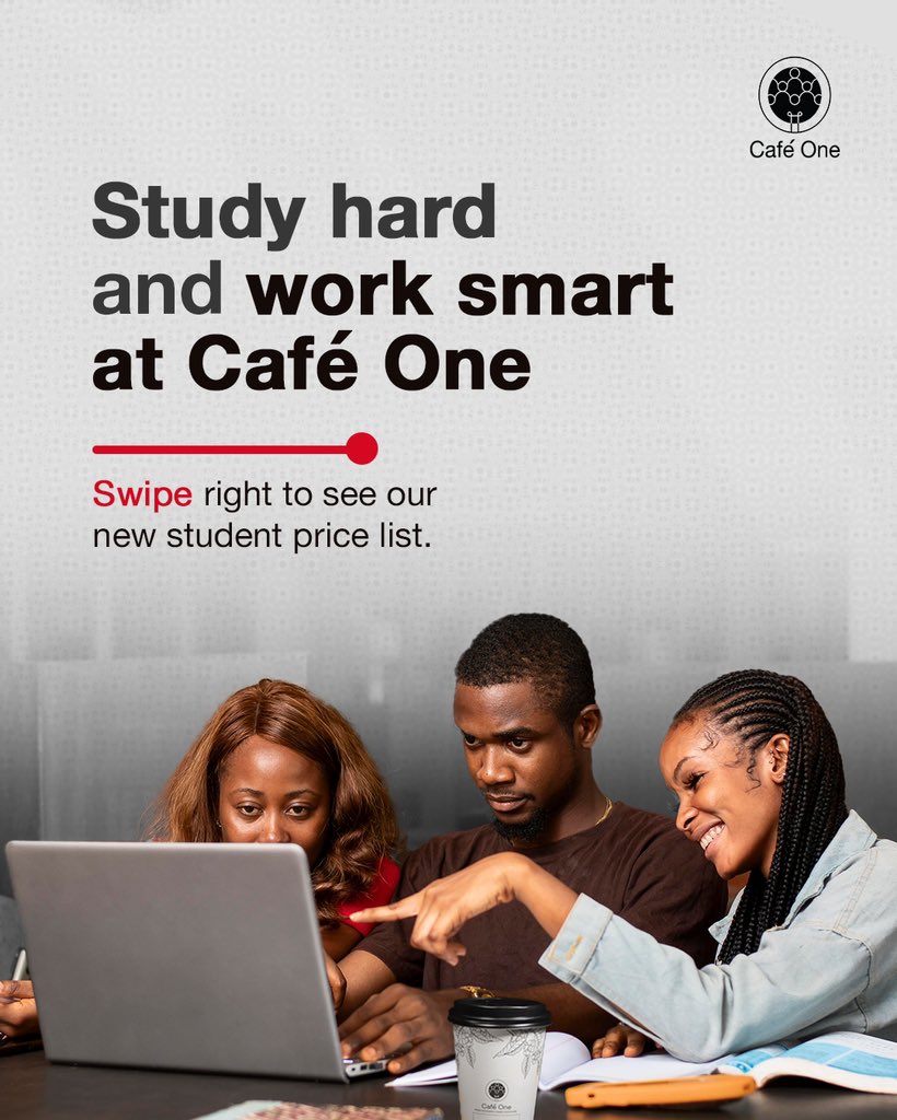 Cafeonenig's tweet photo. Café One for Students is here!

You can finally have a quiet place to study, and enjoy great coffee with fine ambience.

Visit our hubs in Owerri and University of Lagos to enjoy this discount.

Tag every student you know to inform them.

#CafeOne #studentshub https://t.co/qCEHqErgfu