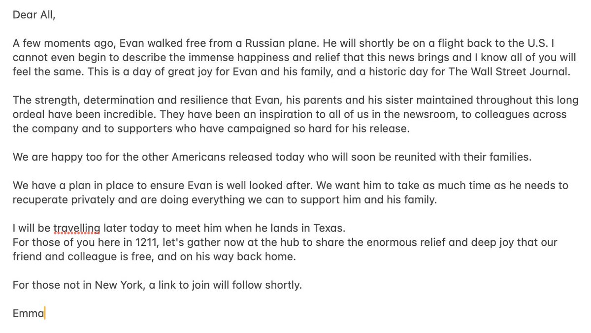 Katie Robertson (@katie_robertson) on Twitter photo NEW: WSJ editor in chief <a href="/emmatuckerWSJ/">Emma Tucker</a> emails staff with the good news that Evan Gershkovich is free NEW: WSJ editor in chief <a href="/emmatuckerWSJ/">Emma Tucker</a> emails staff with the good news that Evan Gershkovich is free
