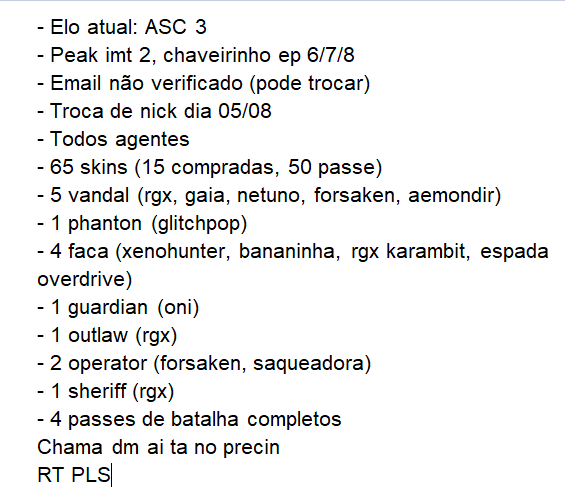 imluqque's tweet photo. Salve rapaziada, to vendendo minha conta do Valorant.
No precinho pra vender rápido
Quem tiver interesse chama na DM
RT plssss https://t.co/0hqQmondpK