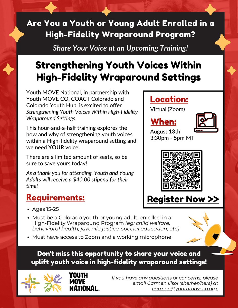 Are you a youth or young adult in Colorado and enrolled in a high-fidelity wraparound program? Share your voice at an upcoming training! 

Learn More &amp; Register Today &gt;&gt; buff.ly/4dqLAC9