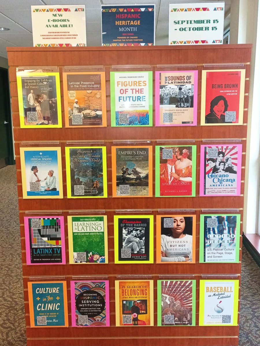 usfvannlibrary's tweet photo. #HispanicHeritageMonth, starts now and ends October 15th. This year's theme is "Pioneers of Change: Shaping the Future Together". Check out our #ebook display on the 2nd floor of the library and scan the QR code to access the book! #vannlibrary @USFFW https://t.co/QzamZ9200U