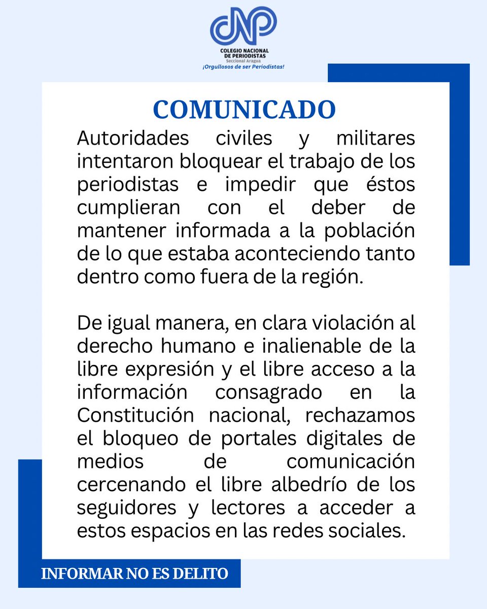 cnparagua's tweet photo. La documentación y seguimiento hechas por el CNP Aragua los días pre, durante y post proceso electoral arrojó la presencia de intimidación, acoso, obstrucción del trabajo periodístico, opacidad informativa, exposición al escarnio público de los periodistas, falta de acceso a las https://t.co/B5yREZRReT