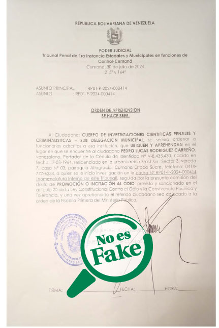 ObservatorioFN's tweet photo. ✅ #NoEsFake. Hay una orden de aprehensión contra Pedro Lucas Rodríguez Carreño, reportero gráfico de Cumaná, por publicar información relacionada con las protestas de la oposición en su cuenta de #Facebook.

👉@CNPCaracas y periodistas en #Sucre confirman que a Rodríguez lo acusan de incitación al odio.

https://t.co/gnuFrv2OSv

🔍 @Osmanrd0