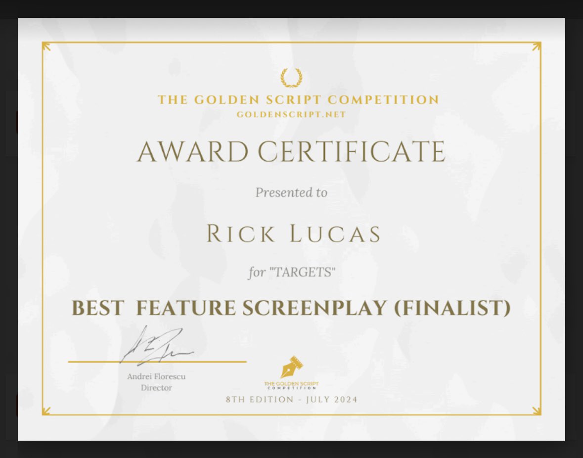 Honored that Targets was named a 2024 Golden Script finalist. Thanks again to <a href="/goldenscriptnet/">The Golden Script Competition</a> for the opportunity.

Industry professionals interested in taking a look can download the script from <a href="/Coverfly/">Coverfly</a>, where it ranks in the top 1%.