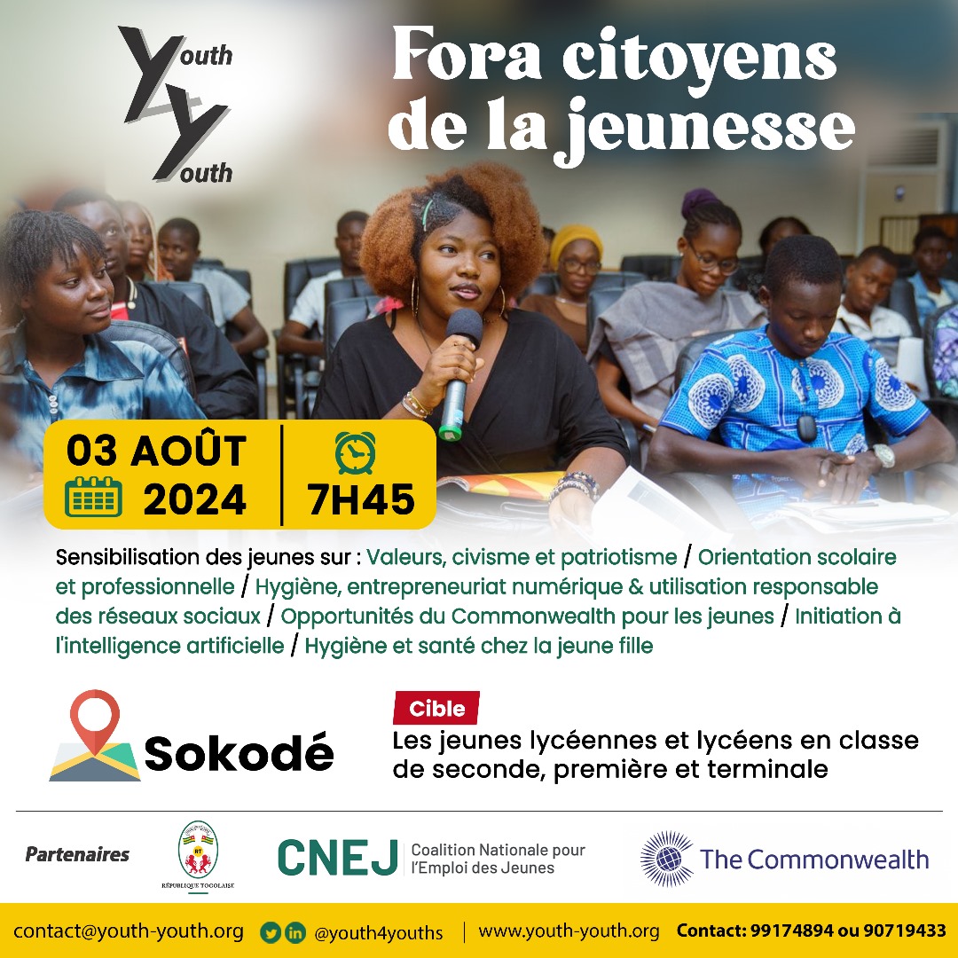 Après Lomé, cap sur la région Centrale pour l'acte 3 des fora sur la citoyenneté! Les alumni Y4Y vous donnent RDV ce samedi 03 Août 2024 à Sokodé pour échanger avec les lycéens sur des questions diverses : orientations scolaire et professionnelle, usage du numérique...