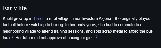 I think Imane Khelif's story is inspirational. Sorry that this loser forgot to guard her face and threw the towel in after 30 seconds but that's the very definition of a skill issue