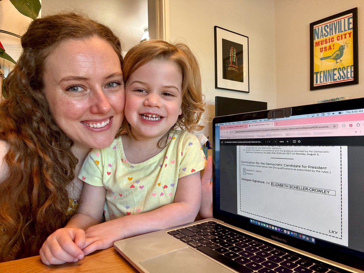 SchellerCrowley's tweet photo. As a @CA_Dem delegate, I had the honor to nominate @kamalaharris to be the Democratic candidate for president. My daughter—my everything, my hope for the future, my reason to do this at all—helped me submit my ballot. Cue all the tears. A moment I’ll always remember. Let’s, go! https://t.co/Ux1dHs2BpO