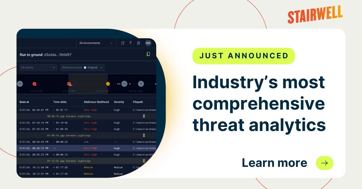 Introducing Run-To-Ground (RTG) by Stairwell! The industry's most comprehensive threat detection at lightning speed. 

Learn more about this game-changing feature: buff.ly/46yNVJc

#CyberResilience #IncidentResponse #MalwareAnalysis #Stairwell #Cybersecurity