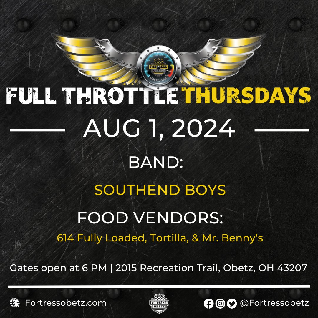 🎸🍔 Join us at Full Throttle tonight, featuring live music from the incredible Southend Boys! 🎶 We've made a couple of changes to the food truck lineup for this evening, so come out and grab a bite from 614 Fully Loaded, Tortilla, and Mr. Benny's. It's going to be a night! 🎉🤘
