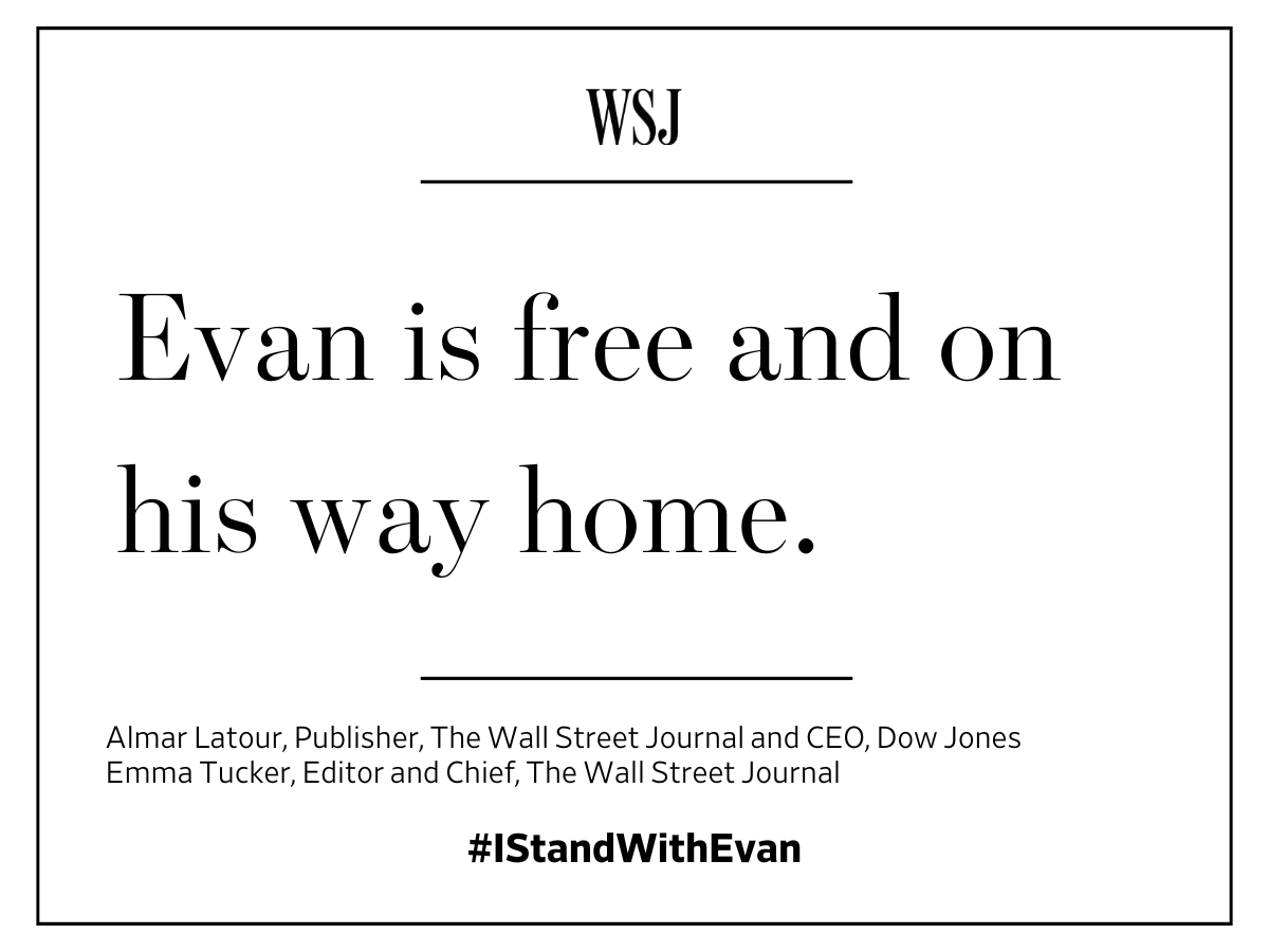 WSJ Communications (@wsjpr) on Twitter photo “Evan is free and on his way home.”
<a href="/WSJ/">The Wall Street Journal</a> reporter Evan Gershkovich was released in a multilateral prisoner exchange in Ankara, Turkey, earlier today after 491 days of wrongful detention in Russia.
Read the full statement from Almar Latour, Publisher of The Wall Street Journal “Evan is free and on his way home.”
<a href="/WSJ/">The Wall Street Journal</a> reporter Evan Gershkovich was released in a multilateral prisoner exchange in Ankara, Turkey, earlier today after 491 days of wrongful detention in Russia.
Read the full statement from Almar Latour, Publisher of The Wall Street Journal