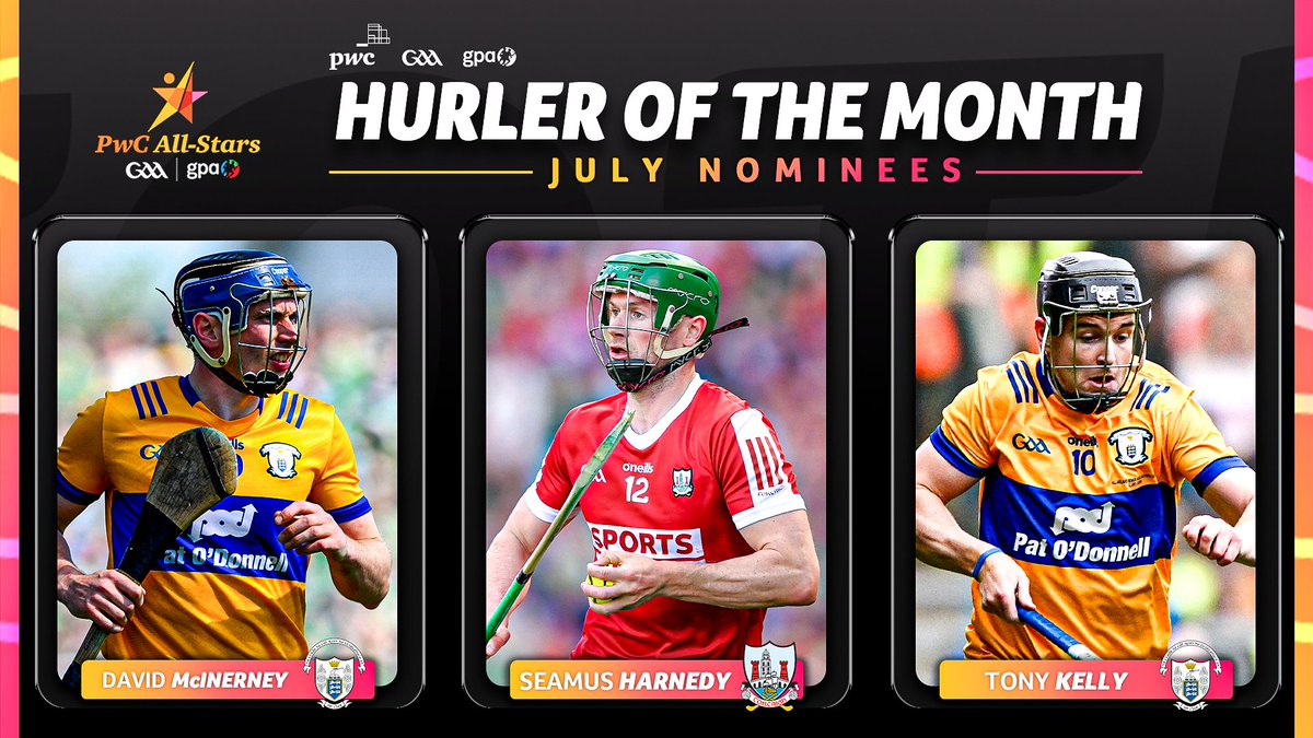 officialgaa's tweet photo. The nominees for the @PwCIreland #GAA |@gaelicplayers Hurler of the Month for July are in...🥁

@GaaClare - David McInerney
@OfficialCorkGAA - Seamus Harnedy
@GaaClare - Tony Kelly

Winner's will be selected by fellow senior inter-county players and announced soon! https://t.co/GBTbvz1VFj