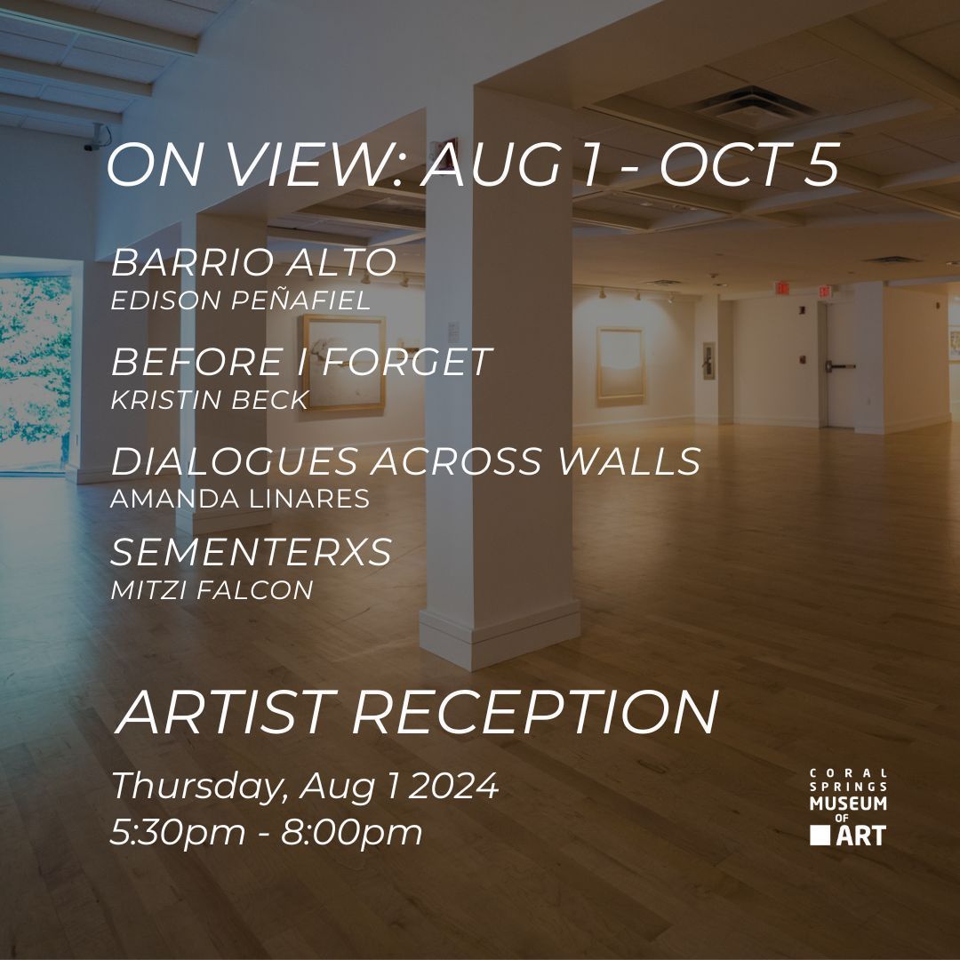 CoralSpringsMOA's tweet image. Join us tonight for the Opening Reception at the #CSMoA! ✨🎨

🗓️ Thursday, August 1, 2024 | 5:30 PM

Experience the captivating works of Edison Peñafiel, Amanda Linares, and Mitzi Falcón in the Main Gallery, with Kristin Beck's poignant creations showcased in the East Gallery.