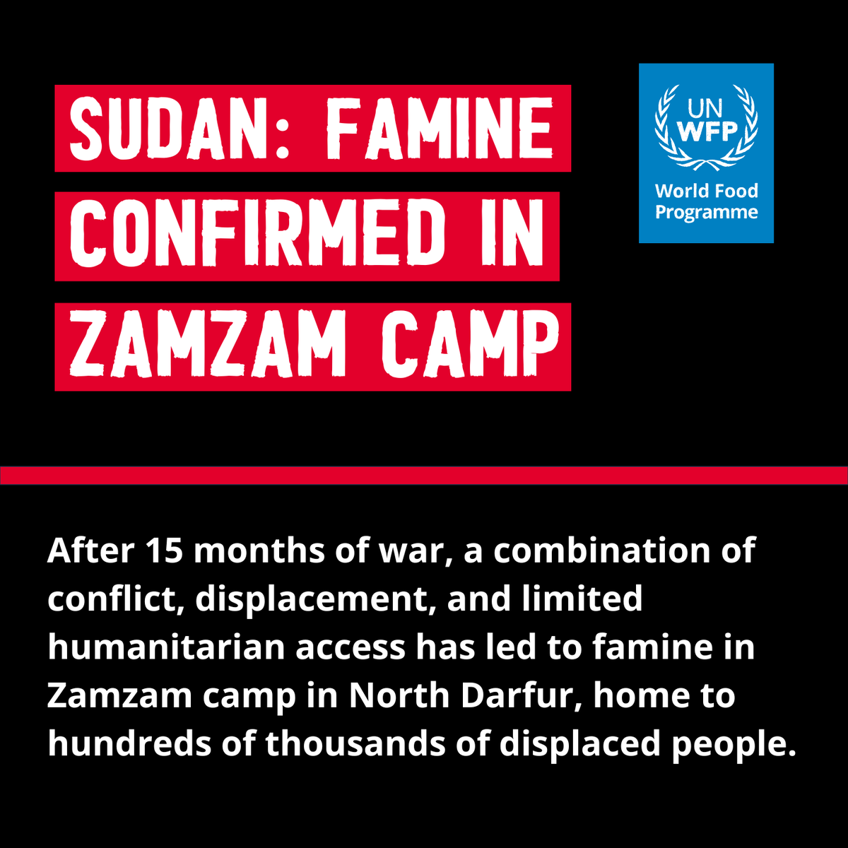 UN's tweet photo. Sudan: Famine is confirmed at Zamzam camp in North Darfur, home to 220,000 displaced people. 13 other regions across Sudan are at risk.

Immediate humanitarian access is needed to prevent the crisis from worsening and spreading.

Latest from @theIPCinfo: https://t.co/kIFLcEQIPC https://t.co/JY9Qxyc7gO