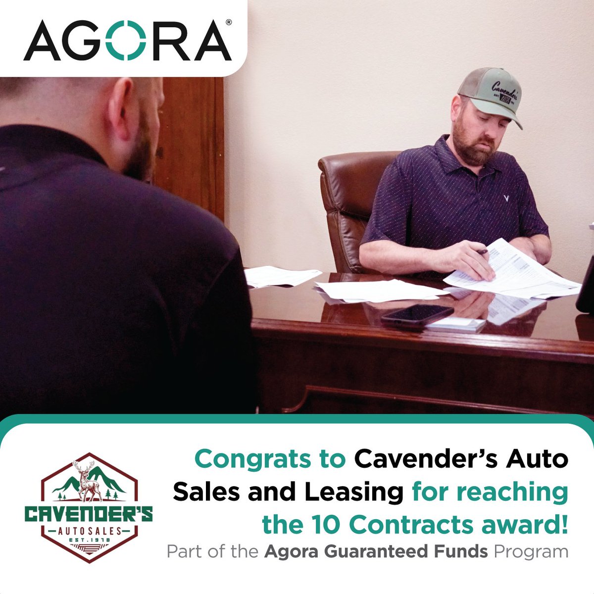 On the road to 100, Cavender's Auto Sales and Leasing's Matt Struble rolls another deal through the Agora Guaranteed Funds program for reaching the 10 contracts award. 🏅

#agoradata #fintech #autodealers