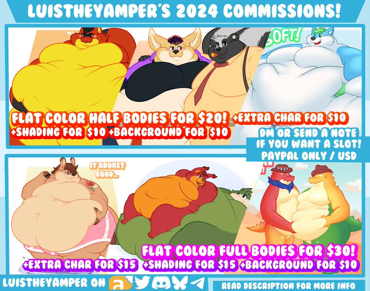 AUGUST COMMISSIONS ARE OPEN! Unlimited slots!
Open until  8/7/24!

Just send me a message or note on FA, Or DM on Twitter and Discord if you want one!  

Retweets are appreciated 💛
⬇️Check out do's/don't's  and info below!⬇️