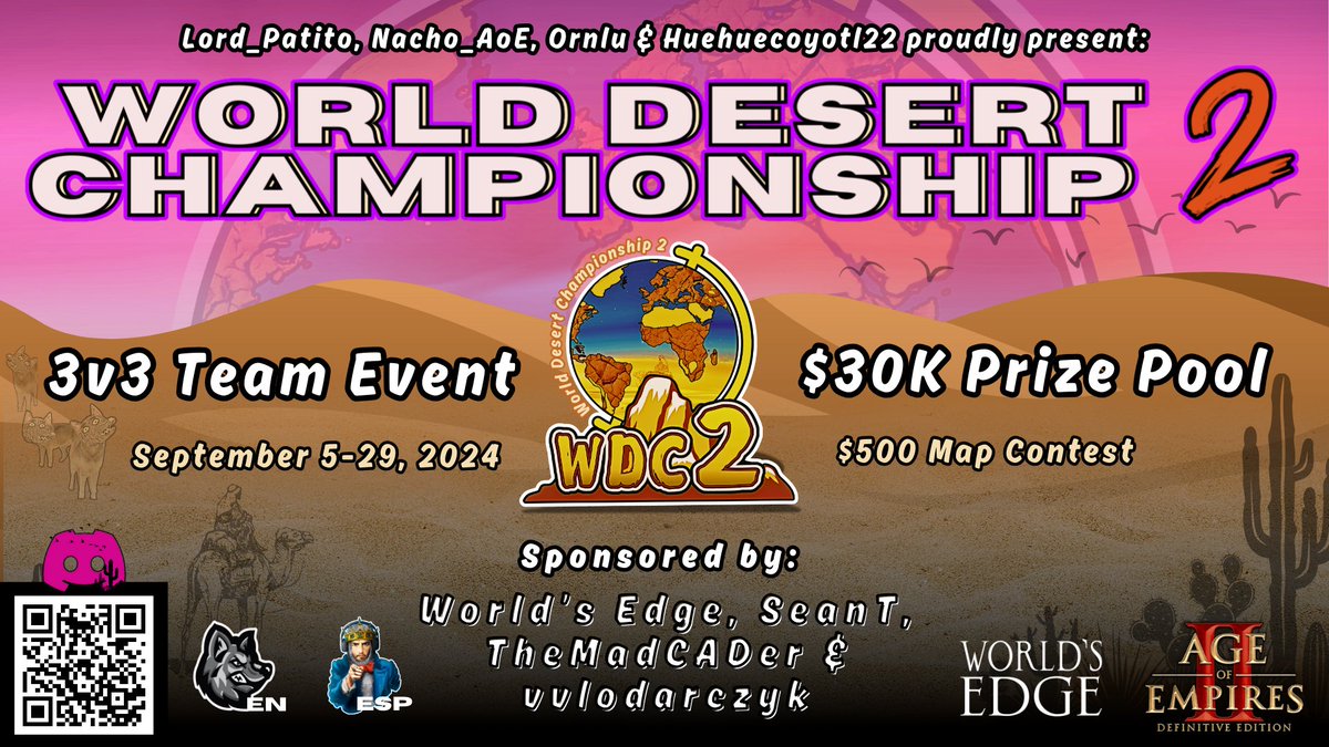 The World Desert Championship is back! Organised by <a href="/OrnluAoE/">OrnLu</a> <a href="/NachoAoe/">Nacho AoE</a> <a href="/Iamlordpatito/">Lord Patito</a> <a href="/huehuecoyotl22/">Huehuecoyotl22</a>.
<a href="/AgeOfEmpires/">Age of Empires</a>