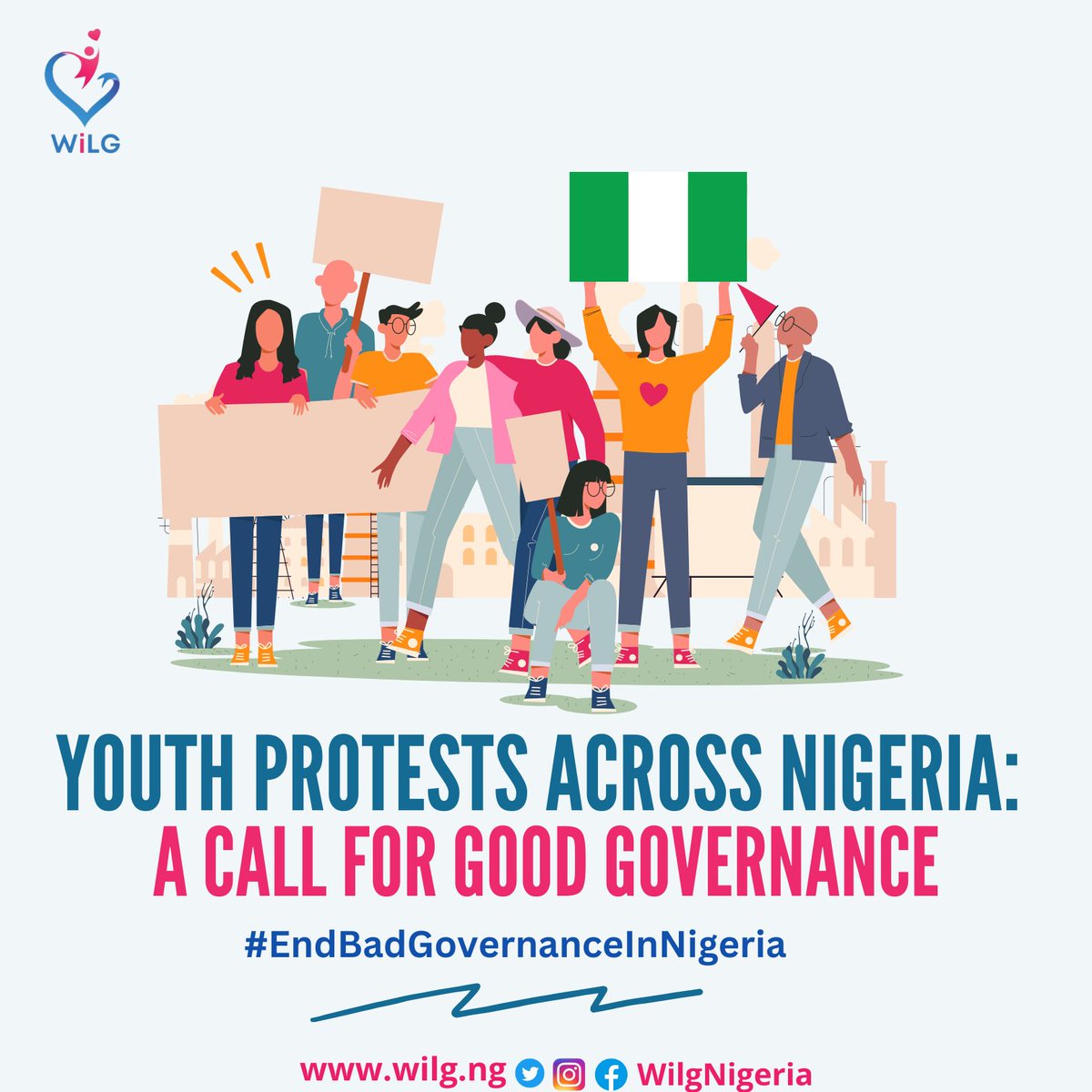 WiLGNigeria's tweet photo. Today, youths across Nigeria are peacefully protesting for good governance and accountability.

Our united voice is a strong call for positive change and a brighter future. 

Let’s keep advocating towards the Nigeria we all deserve. 

#EndBadGovernanceInNigeria #theNigeriawewant https://t.co/h744VSBRva