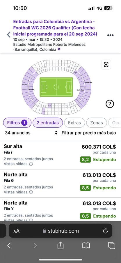 AlejoMartinez4's tweet photo. @lauris12_2 @sicsuper @Tuboletaoficial Ya están revendiendo las boletas. Sur y Norte Alta, que en TuBoleta estaban a $100.000 pesos, la revenden a $600.000 pesos. https://t.co/XeACH9SpX2