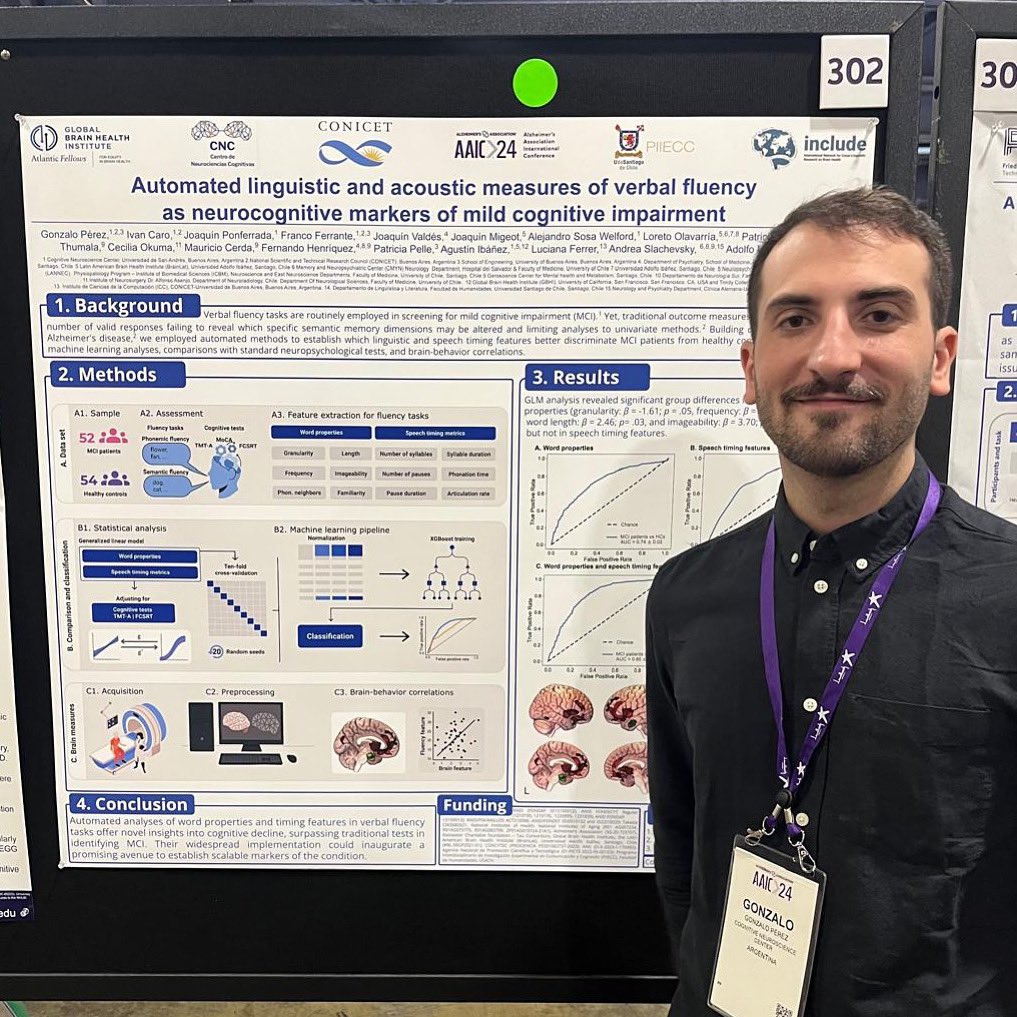 ¡Buenísima presentación de nuestro querido Gonzalo Pérez del CNC-Udesa, en AAIC 2024! Su trabajo sobre marcadores automatizados de habla y lenguaje en deterioro cognitivo leve 🤓

<a href="/AdolfoMGarcia/">Adolfo García</a> <a href="/UdeSA/">Universidad de San Andrés</a> <a href="/ReDLat_Dementia/">ReDLat Dementia</a> <a href="/usach/">Universidad de Santiago de Chile</a> <a href="/LACCD9/">LAC-CD</a>