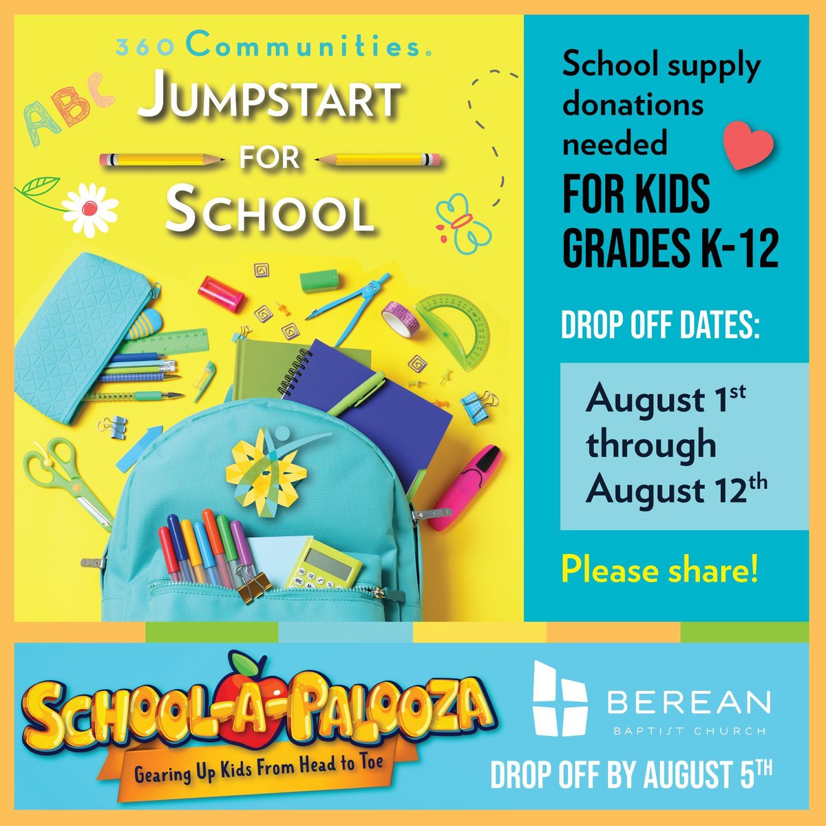 360 Communities is collecting donations of backpacks and school supplies 8/1-8/12. Drop off between 9am &amp; 3pm at our Burnsville Resource Center (M-F) or our Rosemount Resource Center (M-Th). Click for our list of most-needed items: rb.gy/tcbwbt