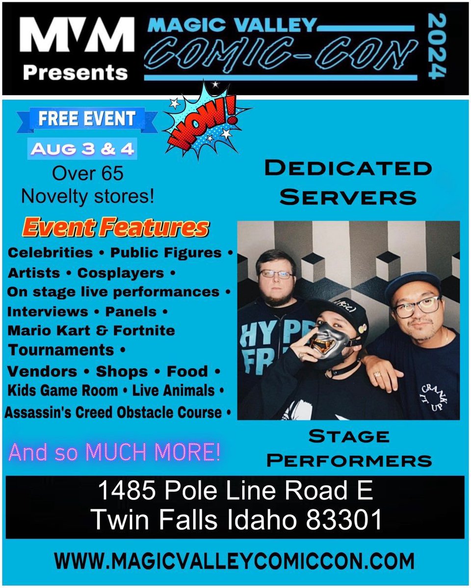 We’re hype to be rockin at <a href="/MagicValleyMall/">Magic Valley Mall</a> inaugural #MVCC im Twin Falls in 2 DAYS 🤩

We are among a slew of various talents and can’t wait to geek w/ everyone 🔥 Come say wussup and let’s have some fun 👊🏽