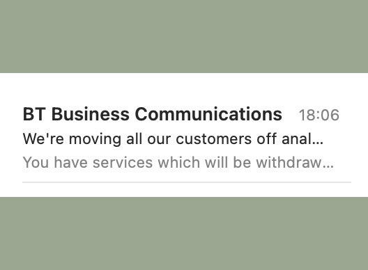 Stephen Menzie (@stephenmenzie) on Twitter photo Dear <a href="/BTBusiness/">BT Business</a>, please check what your email previews look like before you hit sent…
(analogue services, for anyone wondering) Dear <a href="/BTBusiness/">BT Business</a>, please check what your email previews look like before you hit sent…
(analogue services, for anyone wondering)