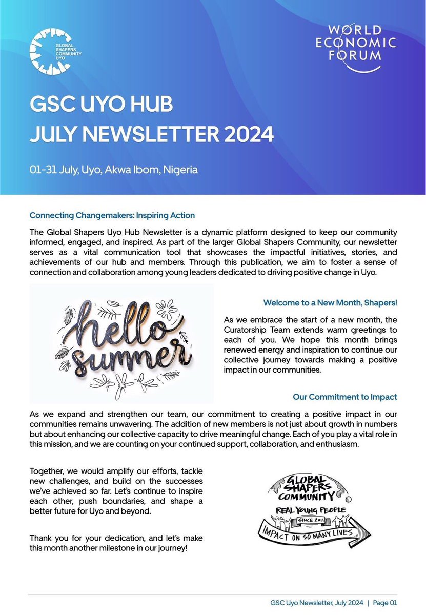 UyoShapers's tweet photo. Hello Uyo Shapers,

As we step into a new month, we're excited to bring you the maiden edition of our newsletter! 

The Hubs newsletter is packed with fresh insights, updates, and opportunities to connect and grow. 

Warm regards,  
Curatorship Team, Uyo Hub💙 https://t.co/TbmsiQrB4d