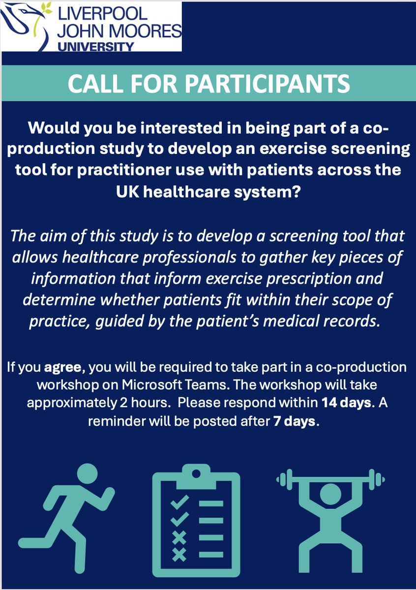 **PARTICIPANTS NEEDED**

Calling healthcare professionals, including Clinical Exercise Physiologists, physiotherapists &amp; academics, involved in the design, delivery or teaching of exercise prescription. 

Please click the link below to complete the form:
forms.office.com/e/cTGK5UUTqb