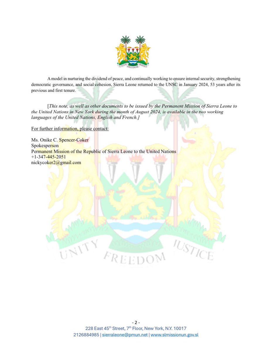 1st August 2024

<a href="/SierraLeoneUN/">SierraLeone@UN</a> assumes the presidency of the UN Security Council today.

H.E. The <a href="/Presidency_SL/">Presidency | Sierra Leone 🇸🇱</a> , (Rtd) Brig. Dr. Julius Maada Bio will lead a key debate on August 12, focusing on addressing historical injustices and enhancing Africa's representation in the