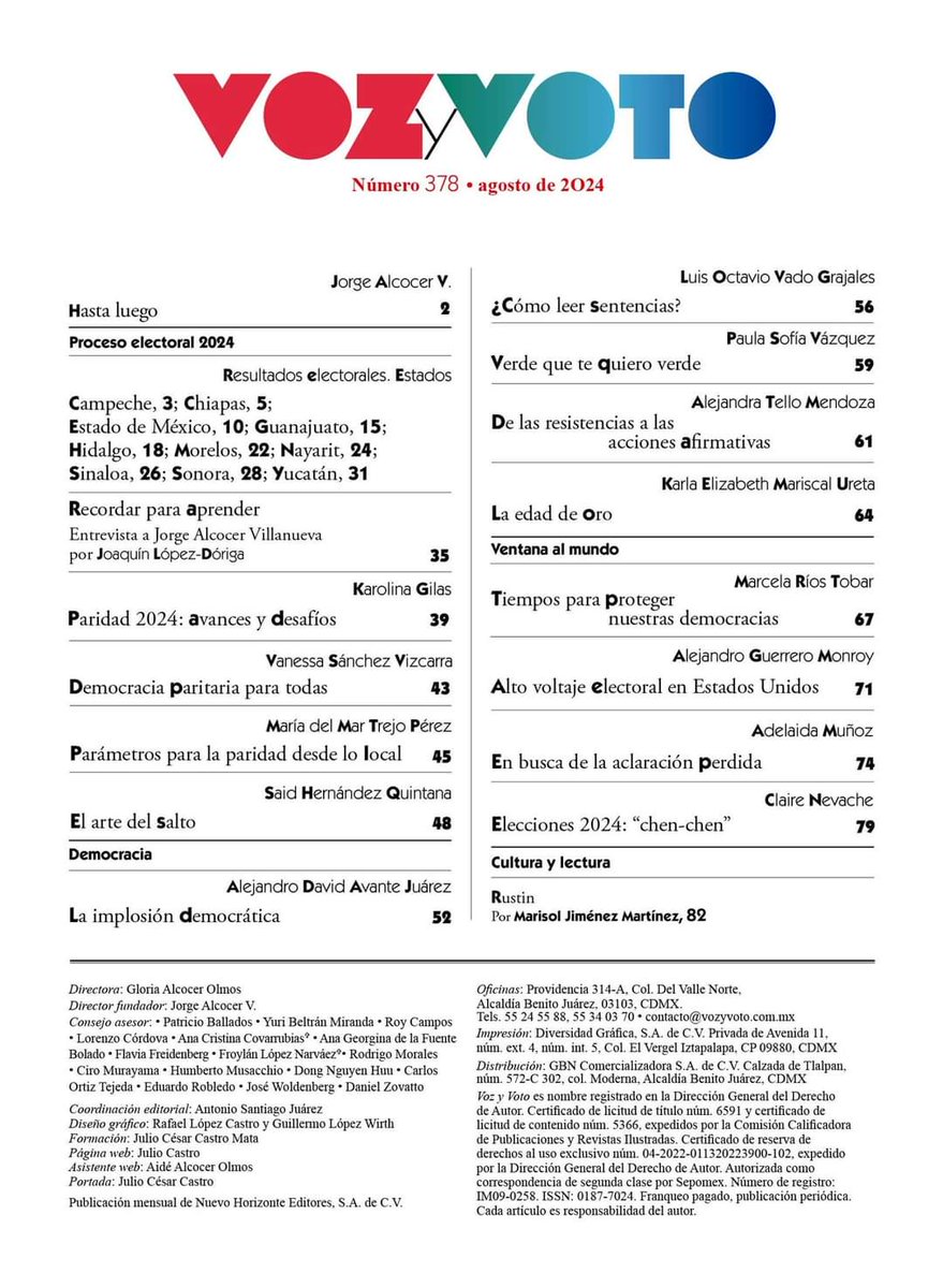 🎇 Llega #Agosto y en nuestra nueva edición tenemos textos sobre #Paridad, Resultados electorales de 1️⃣0️⃣ estados, sobrerrepresentación,  #EleccionesUSA , #AccionesAfirmativas #CulturayLectura #VentanaalMundo y mucho ➕
💻 vozyvoto.com.mx
