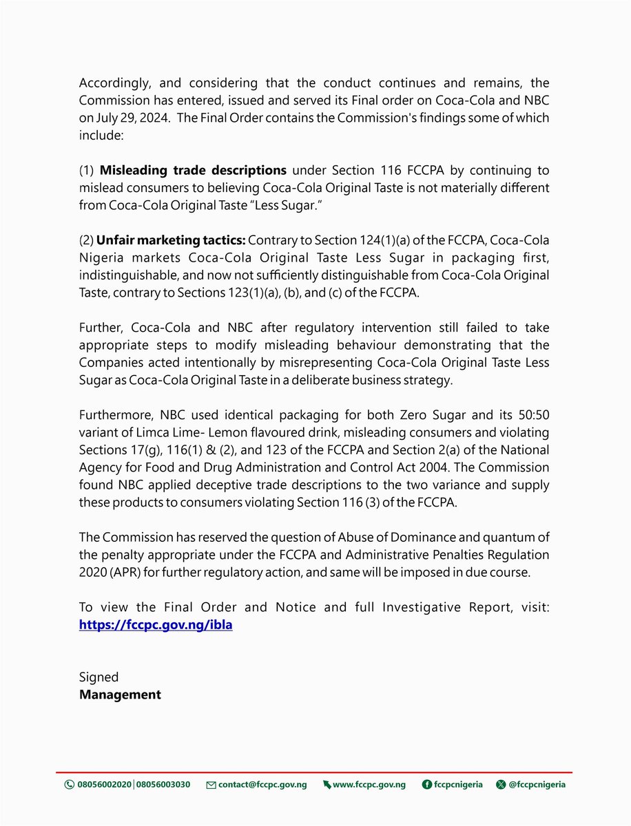 fccpcnigeria's tweet photo. Investigation of Coca-Cola Nig Ltd and Nigerian Bottling Company Business Practices
@NigeriaGov @NGRSenate @HouseNGR https://t.co/QrL18AUbjH
