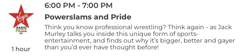 jack_murley's tweet photo. Two things that aren’t a secret. 

1) I’m gay.

2) I love professional wrestling.

So I can’t wait to bring you a special hour celebrating the LGBTQ+ scene in British wrestling tonight on @VirginRadioUK Pride 🙌🏻 

We’re on at 6pm!

👉🏻 https://t.co/ZJzV43bI6r https://t.co/LP2wkgzPre
