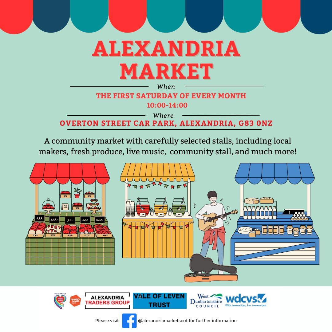 It's that time of the month again! Oor Alexandria Market makes its return this Saturday, 3rd August, 10:00-14:00!
Come on down for a great selection of vendors, grab some good food and a fantastic atmosphere!
#alexandriamarket #valeofleventrust  #wdcvs 
@peopleshealthtrust <a href="/WDCVS/">WDCVS | Community & Volunteering</a>