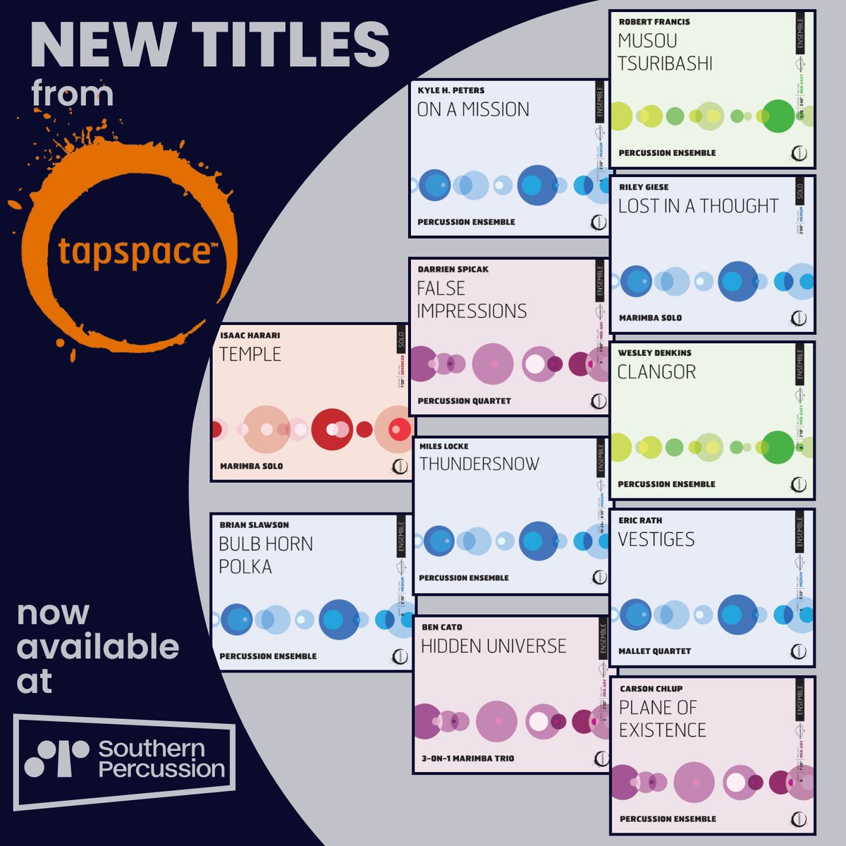SPercussion's tweet photo. A whole host of stunning @TapspacePerc  new releases now available on our site!

Buy yours now:

https://t.co/7X7ctXafsS

#Tapspace #newrelease #newtitles #music #composers #percussion #solo #ensemble https://t.co/ksf8QGTRSL