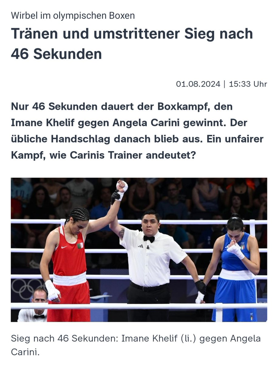 juliaruhs's tweet photo. Bei den letzten Spielen 2021 ist #AngelaCarini nicht angetreten, weil ihr Vater gestorben ist. Bei diesen Spielen hatte sie das Pech, dass sie gegen eine "Gegnerin" mit XY-Chromosomen kämpfen musste, die also ein Mann ist: Das eine ist Schicksal, das andere Leugnung der Biologie. https://t.co/OqEU9hEg7i