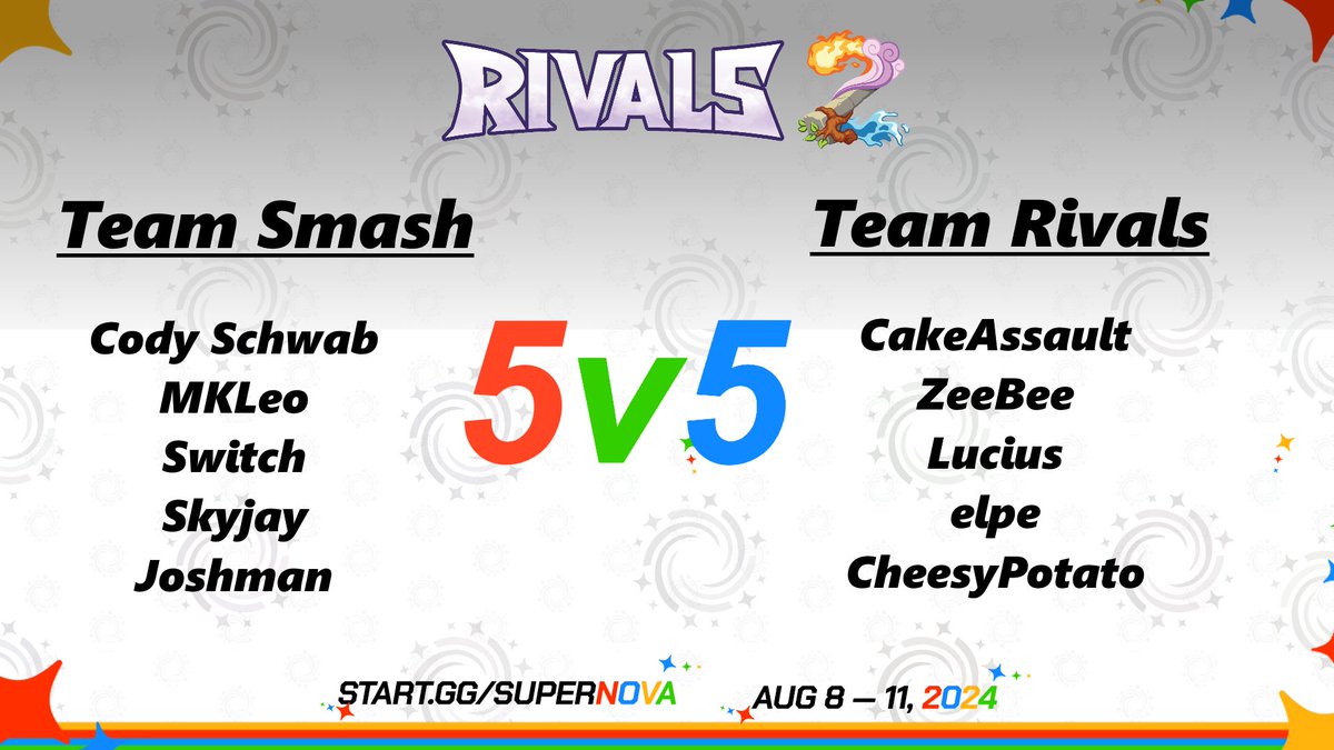 CREW BATTLE TIME!

Who *actually* has the edge in Rivals 2:

Rivals 1 players OR Smashers??

Only one way to find out:  5v5 Crew Battle goes down August 9th (FRI) at 7pm ET!