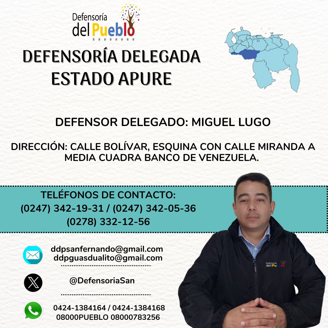 La <a href="/Defensoria_Vzla/">Defensor del Pueblo</a> te invita a conocer a nuestros defensores y defensoras delegadas de cada estado del país, quienes están prestos a atender y orientar a la población en materia de presunta vulneración de sus derechos humanos.