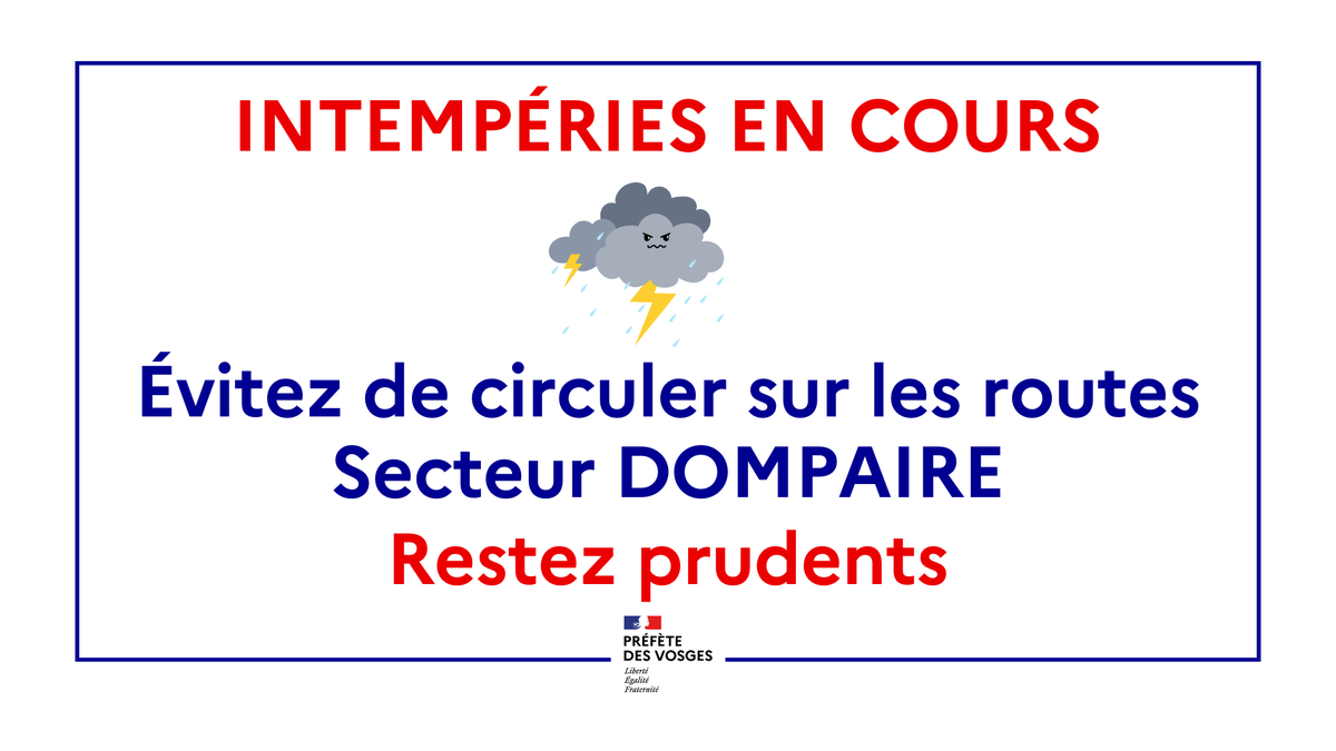 Prefet88's tweet photo. ⚠️Intempéries en cours sur le secteur de Dompaire
⚠️ Evitez de circuler dans le secteur !
Restez prudents https://t.co/Fgt4sUJBl1