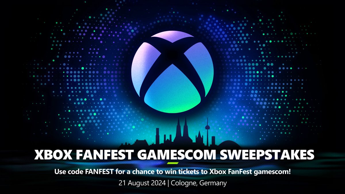XBOX's tweet photo. #XboxFanfest is hosting a special community event to kick off gamescom! 

Going to gamescom? Use code FANFEST to unlock the sweepstakes and enter for a chance to win. FanFest members only. Ends 08:59 CEST, 8/5/24. Sign up at https://t.co/ty0qZbZfyV 

Rules: https://t.co/lnSiYgNpEH