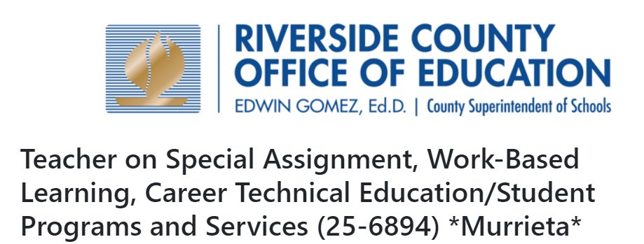 Riverside County Office of Education - CTE (@rcoecte) on Twitter photo Interested in guiding students to success in the workplace? Check out <a href="/RCOE/">RivCo Office of Education</a> #CTE's #Murrieta based position at edjoin.org/Home/JobPostin… today! <a href="/CteTeachCA/">CTE TEACH</a> <a href="/CTEWorks/">Advance CTE</a> <a href="/CaliforniaCTE/">California CTE</a> <a href="/PPICNotes/">Public Policy Institute of California</a> <a href="/LAUNCH_IE/">LAUNCH Apprenticeship Network</a> <a href="/cte_iedrc/">IEDRC</a> @GIA_Together <a href="/RivCoNow/">County of Riverside</a> <a href="/RivCoHR/">Riverside County HR</a> <a href="/RivCoED/">Riverside County Office of Economic Development</a> <a href="/RivCoSOE/">RCOE School of Education</a> <a href="/RivCoSchoolSupt/">Edwin Gomez, Ed.D.</a> Interested in guiding students to success in the workplace? Check out <a href="/RCOE/">RivCo Office of Education</a> #CTE's #Murrieta based position at edjoin.org/Home/JobPostin… today! <a href="/CteTeachCA/">CTE TEACH</a> <a href="/CTEWorks/">Advance CTE</a> <a href="/CaliforniaCTE/">California CTE</a> <a href="/PPICNotes/">Public Policy Institute of California</a> <a href="/LAUNCH_IE/">LAUNCH Apprenticeship Network</a> <a href="/cte_iedrc/">IEDRC</a> @GIA_Together <a href="/RivCoNow/">County of Riverside</a> <a href="/RivCoHR/">Riverside County HR</a> <a href="/RivCoED/">Riverside County Office of Economic Development</a> <a href="/RivCoSOE/">RCOE School of Education</a> <a href="/RivCoSchoolSupt/">Edwin Gomez, Ed.D.</a>