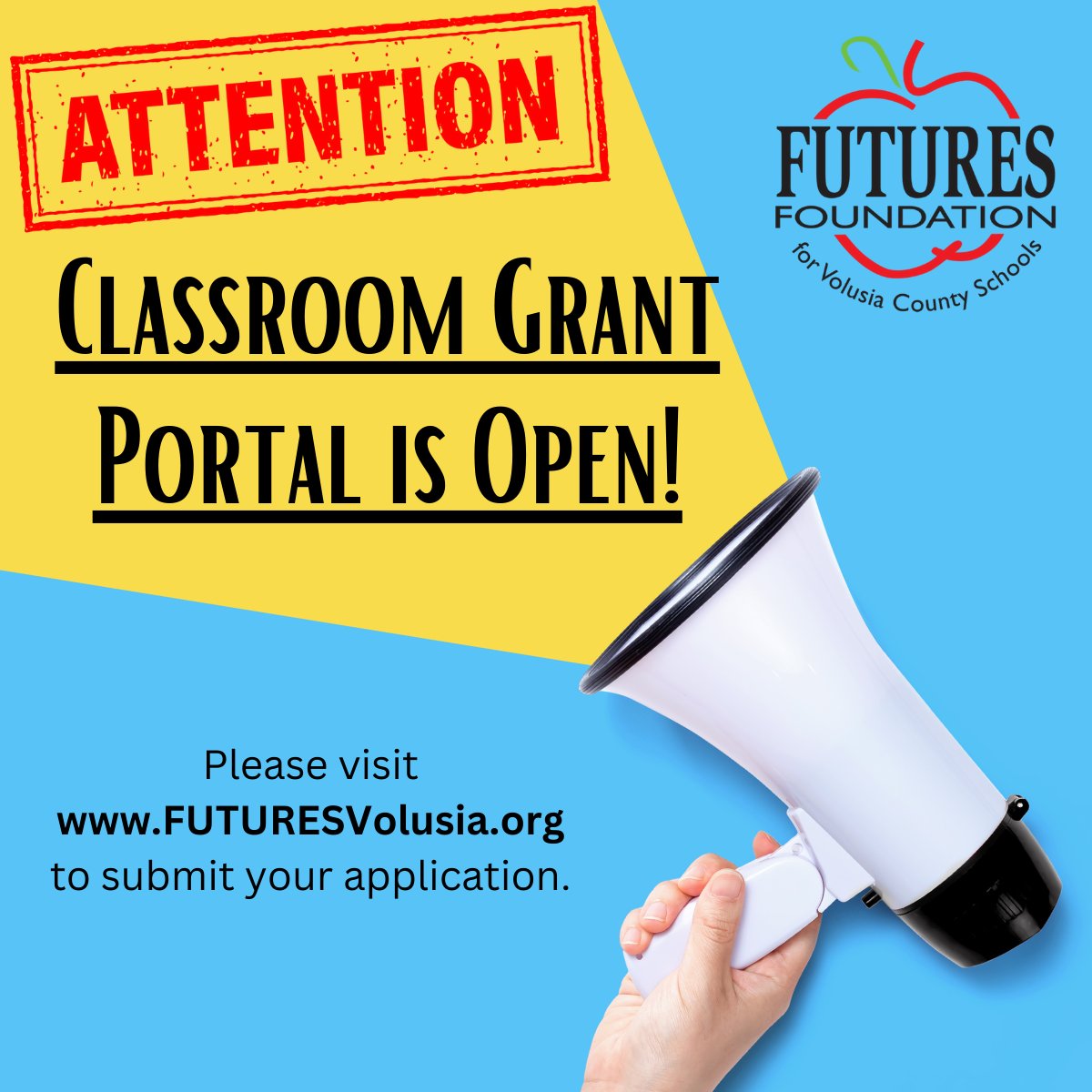 FUTURES Foundation (@futures_inc) on Twitter photo <a href="/volusiaschools/">Volusia County Schools</a> teachers don't miss out on your opportunity to apply for a FUTURES Foundation classroom grant. Deadline is Sept. 15th.
Each VCS teacher can apply for 2, $1,000 classroom grants, and teachers can apply online via the classroom grant portal. futuresvolusia.org <a href="/volusiaschools/">Volusia County Schools</a> teachers don't miss out on your opportunity to apply for a FUTURES Foundation classroom grant. Deadline is Sept. 15th.
Each VCS teacher can apply for 2, $1,000 classroom grants, and teachers can apply online via the classroom grant portal. futuresvolusia.org
