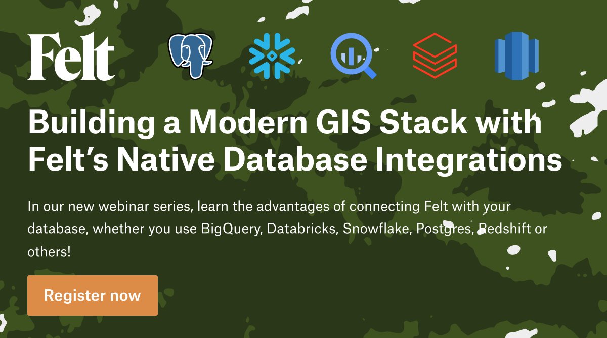 JUST ANNOUNCED: Join geospatial expert <a href="/michalmigurski/">@migurski@mastodon.social</a> for a deep dive on how to connect your <a href="/PostgreSQL/">PostgreSQL</a>, <a href="/SnowflakeDB/">SnowflakeDB</a>, @Databricks, @Redshift and @BigQuery databases to Felt to deliver a modern GIS experience. Register now: felt.com/blog/building-…